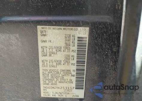 2015 Nissan Murano S z USA, uszkodzony, nr VIN 5N1AZ2MG7FN253157